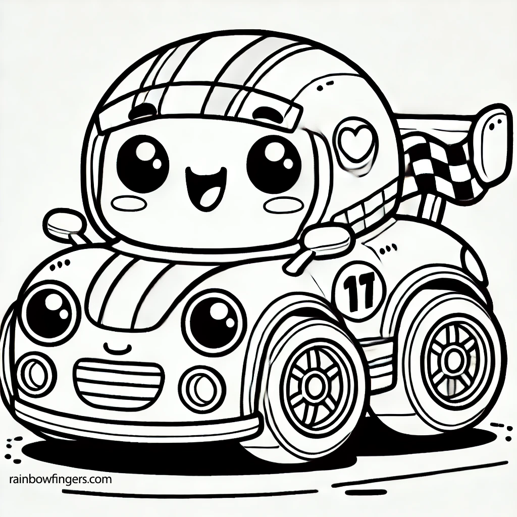 Cute cartoon-style green racing car with oversized wheels and a smiling front, designed for children's racing-themed content.