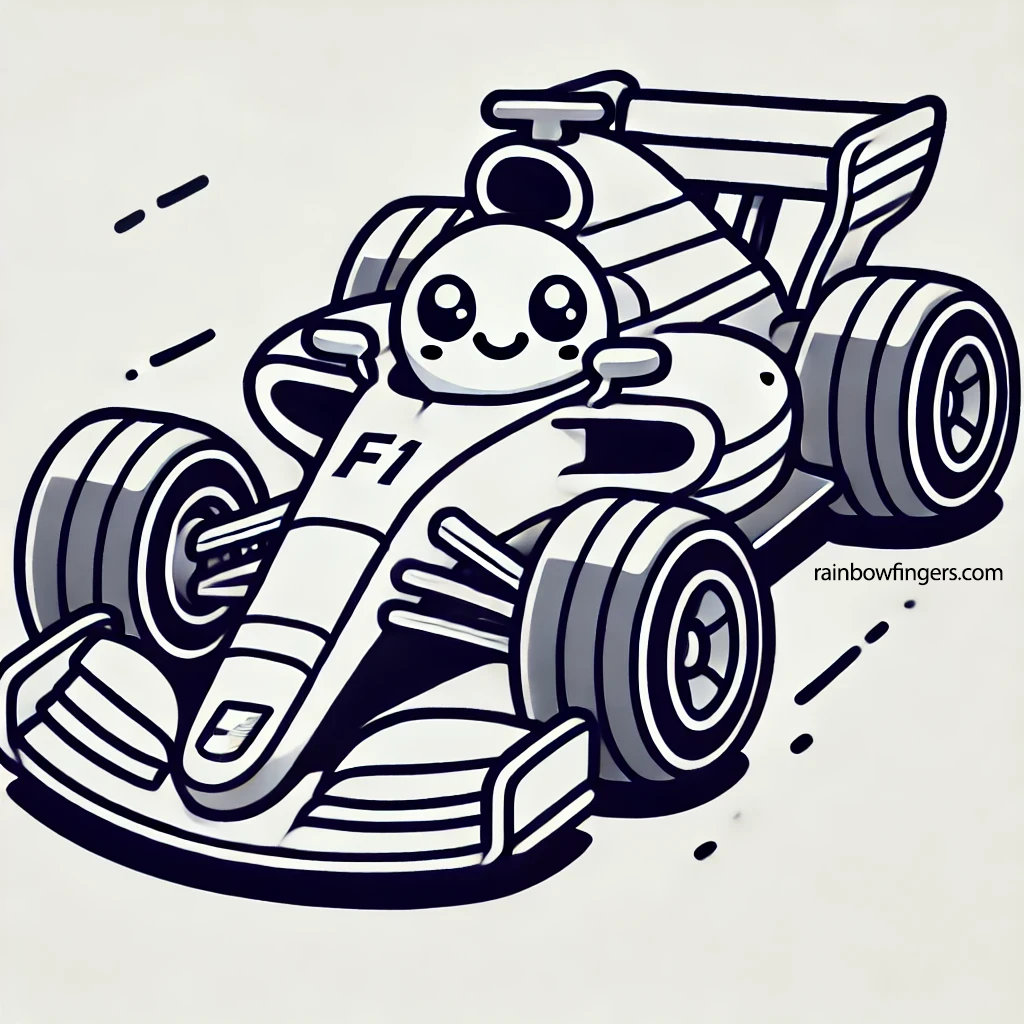 Cartoon-style red racing car with oversized wheels and bold lines, designed for children's content and racing themes.