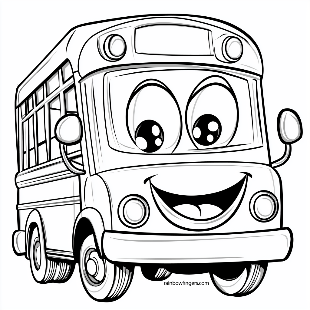 Cartoon-style school bus with a smiley face on the front, designed for children’s content with a fun and friendly vibe.